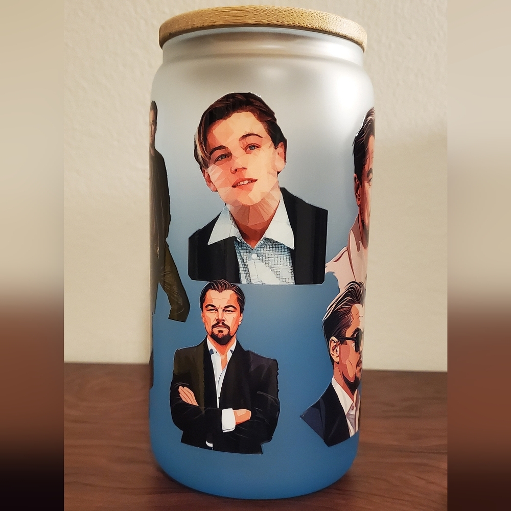 🪻3/$25 Leonardo DiCaprio Movie Fan Tumbler Glass tumbler lid set Frosted Blue